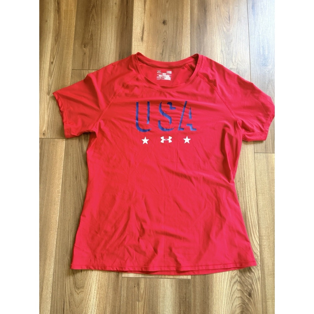 Under Armour Women's Large Red USA Patriotic Stretch Shirt Fitted 4th July